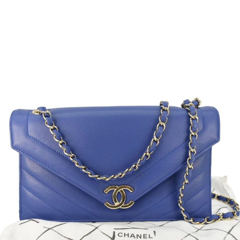 Chanel Coco Envelope Flap Quilted Chevron Leather Crossbody Bag Blue - Picture 3 of 13